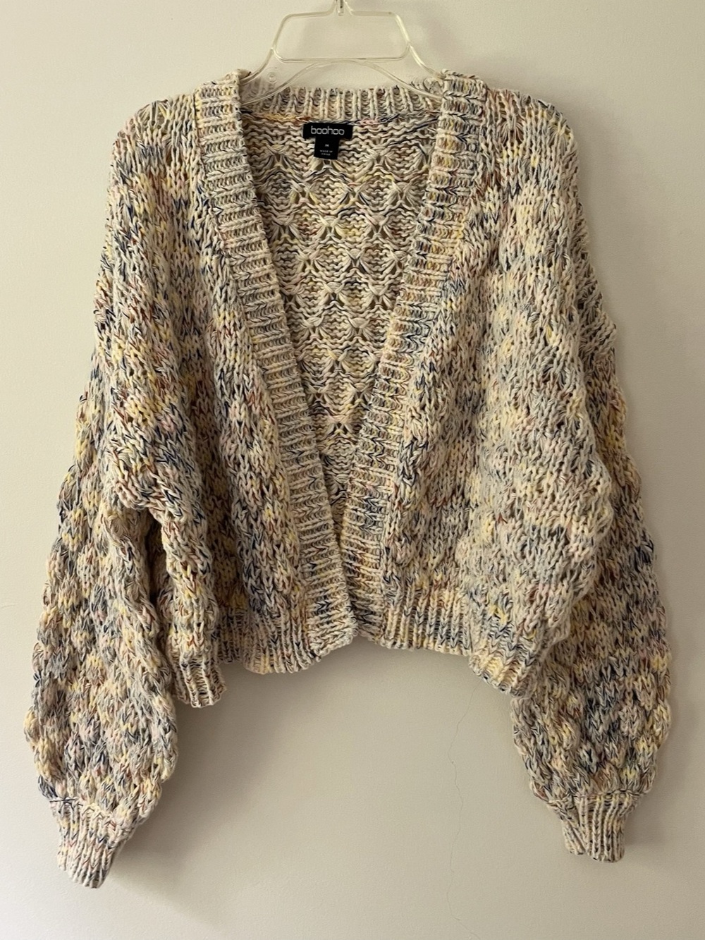 Boohoo Slouchy 3D Knit Chunky Open Cardigan Sweater Medium Beige Boho Indie